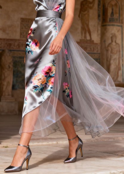 Grey V Neck Print Tulle Patchwork Silk Dress Summer