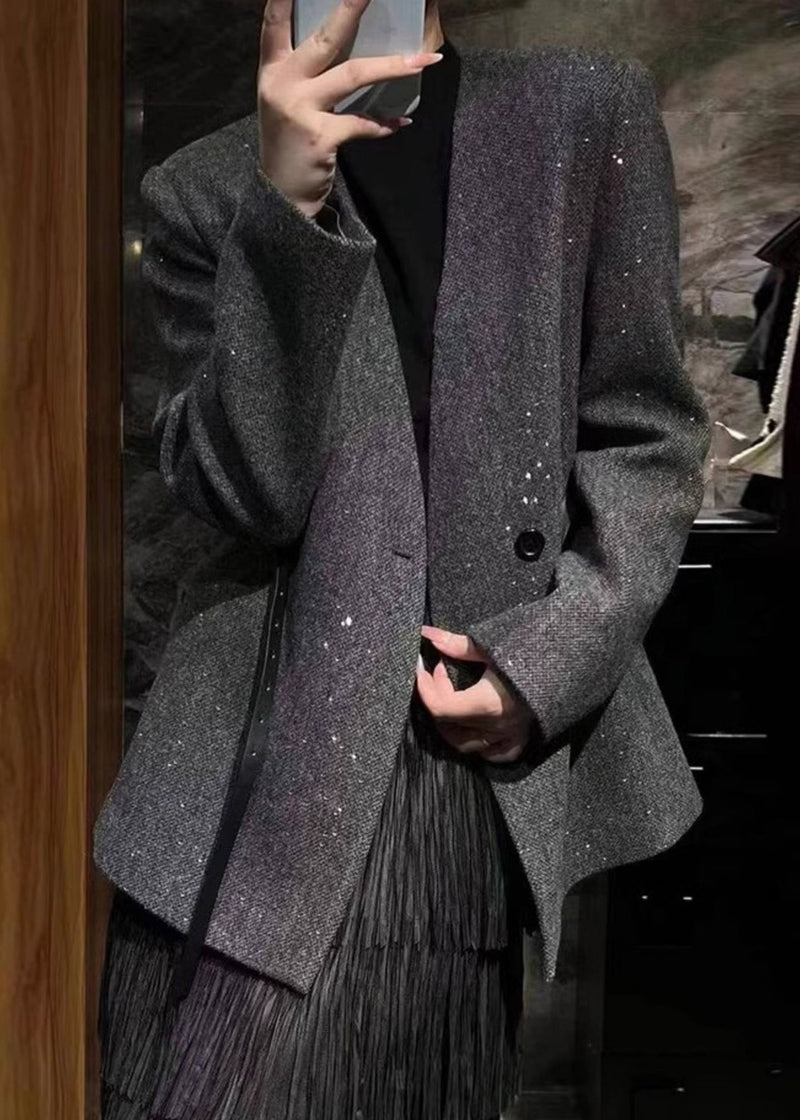 Grey V Neck Woolen Suit Coats Fall