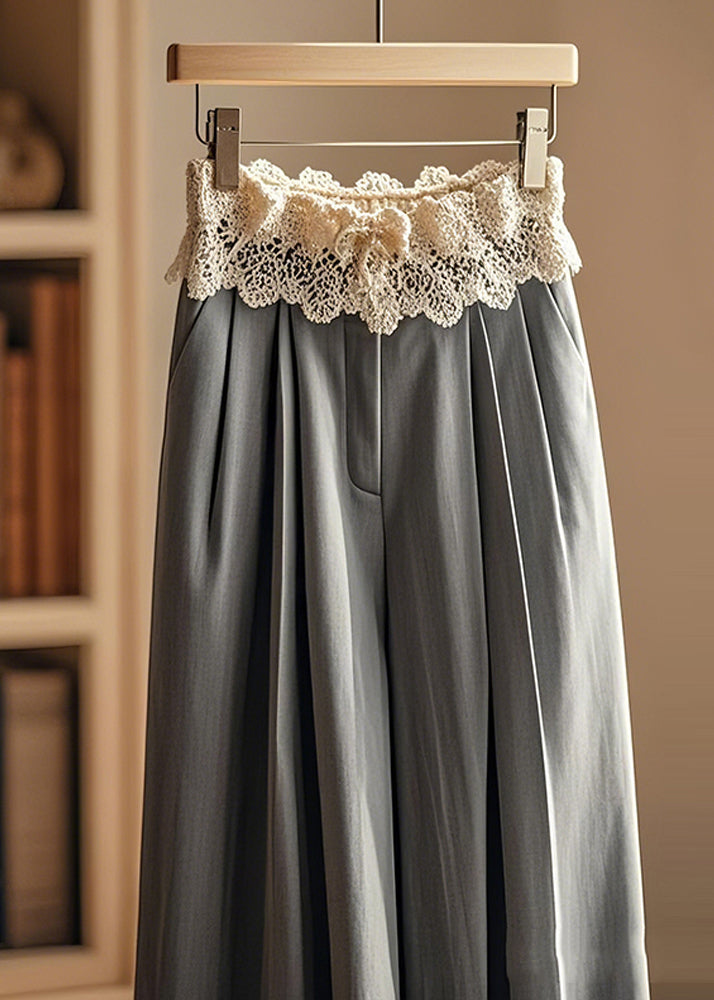 Grey Wrinkled Patchwork Lace Wide Leg Pants Spring