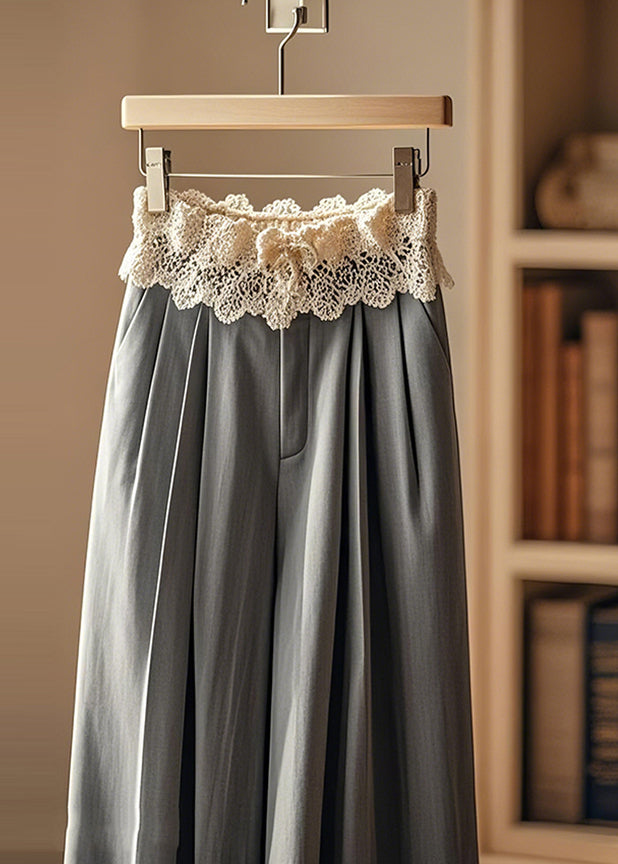 Grey Wrinkled Patchwork Lace Wide Leg Pants Spring