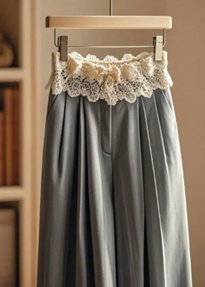 Grey Wrinkled Patchwork Lace Wide Leg Pants Spring