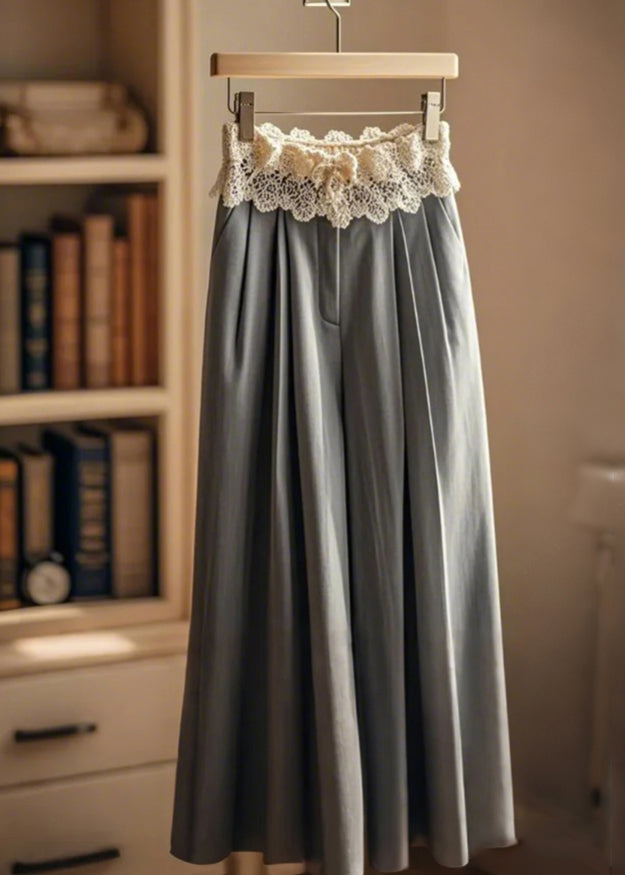 Grey Wrinkled Patchwork Lace Wide Leg Pants Spring
