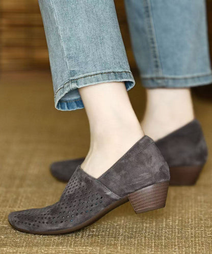 Hollow Out Splicing Chunky Heel Grey Suede