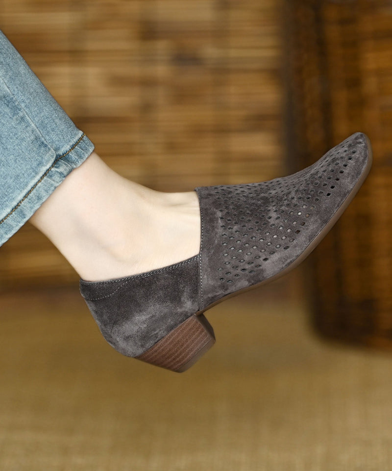 Hollow Out Splicing Chunky Heel Grey Suede