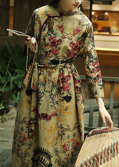 Khaki Button Print Patchwork Cotton Long Dresses Fall