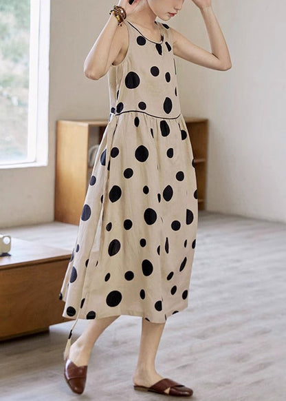 Khaki Dot Pockets Tie Waist Cotton Long Dress Sleeveless