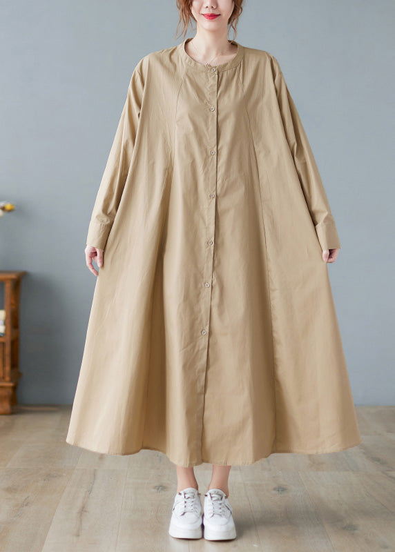 Khaki O-neck Button Cotton Long Shirts Dress Long Sleeve