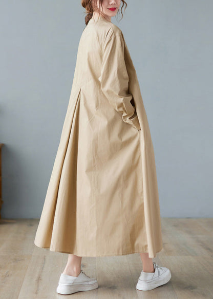 Khaki O-neck Button Cotton Long Shirts Dress Long Sleeve