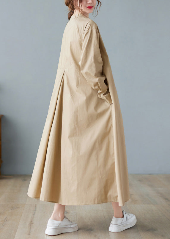 Khaki O-neck Button Cotton Long Shirts Dress Long Sleeve