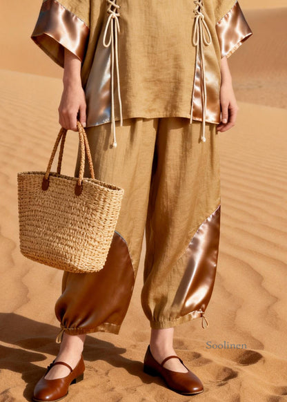 Khaki O Neck Drawstring Patchwork Shirt and Crop Pants Silk Linen Two Pieces Set