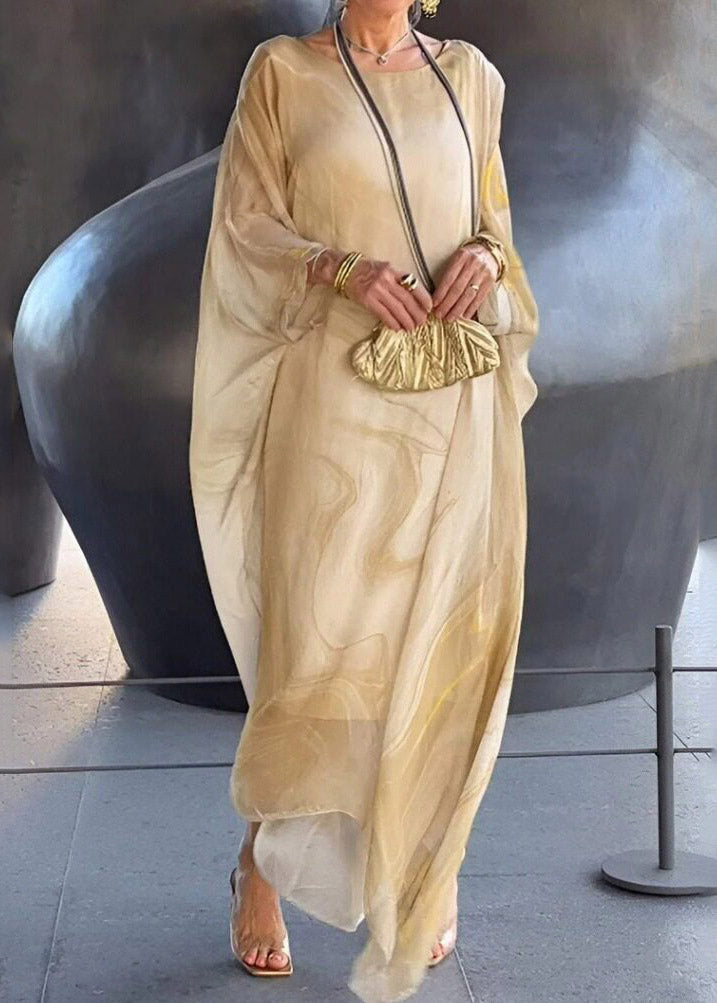 Khaki O-neck Print Long Dress Fall