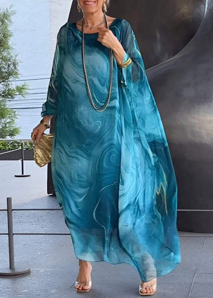 Khaki O-neck Print Long Dress Fall