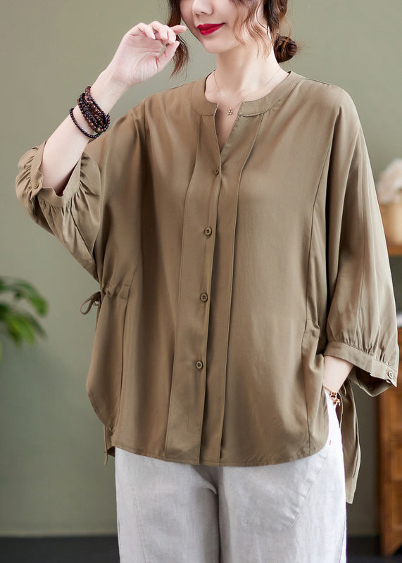 Khaki Oversized Drawstring Cotton Shirt Top Bracelet Sleeve