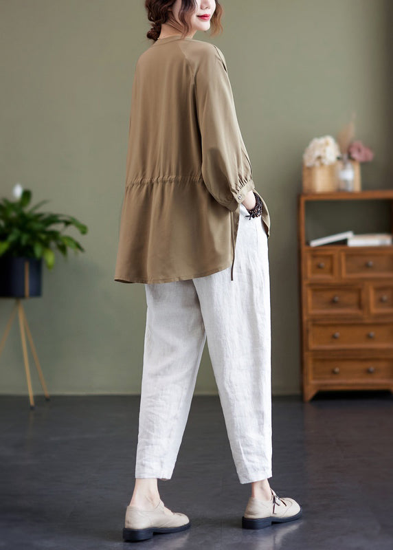 Khaki Oversized Drawstring Cotton Shirt Top Bracelet Sleeve