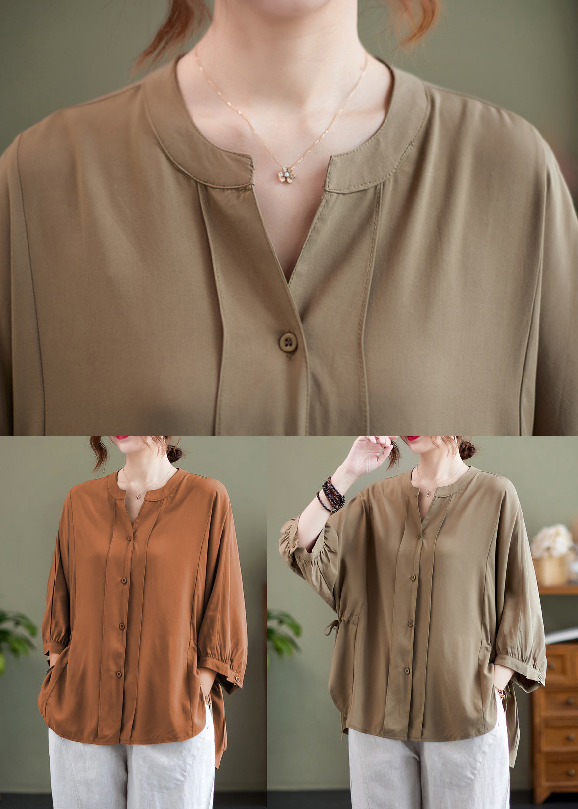 Khaki Oversized Drawstring Cotton Shirt Top Bracelet Sleeve