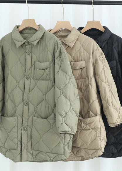Khaki Peterpan Collar Pockets Button Winter Duck Down Coat