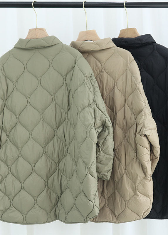 Khaki Peterpan Collar Pockets Button Winter Duck Down Coat