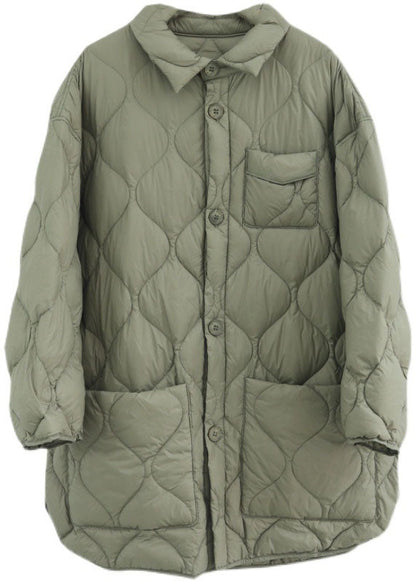 Khaki Peterpan Collar Pockets Button Winter Duck Down Coat