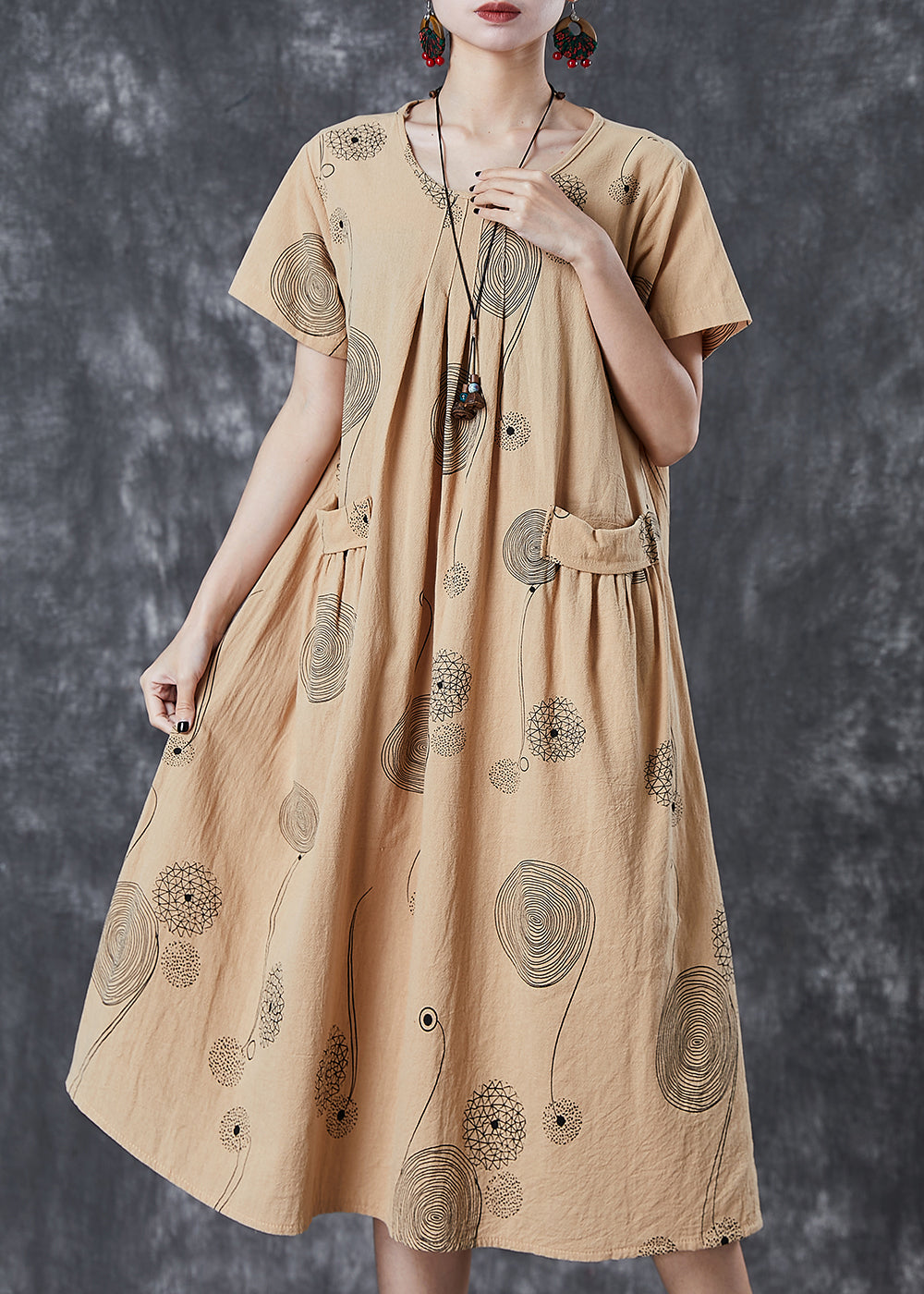 Khaki Print Pockets Cotton Holiday Dress Summer