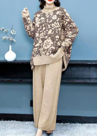 Khaki Print Tops and Pants Woolen Two Pieces Set Fall