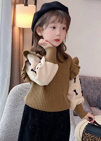 Khaki Ruffled Patchwork Bow Cotton Knit Kids Sweaters Spring