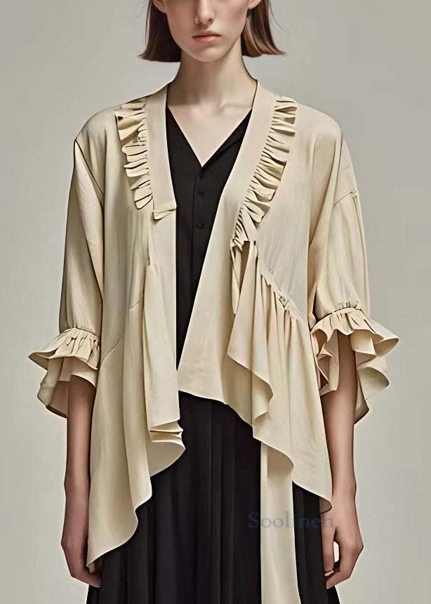 Khaki Ruffled Cotton Cardigan Butterfly Sleeve
