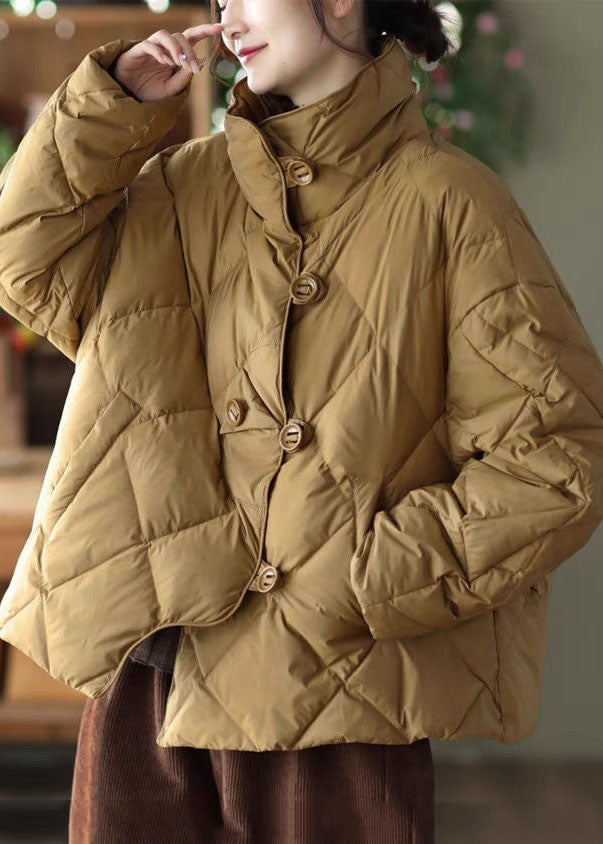 Khaki Stand Collar Oversized Button Duck Down Puffer Jacket Winter