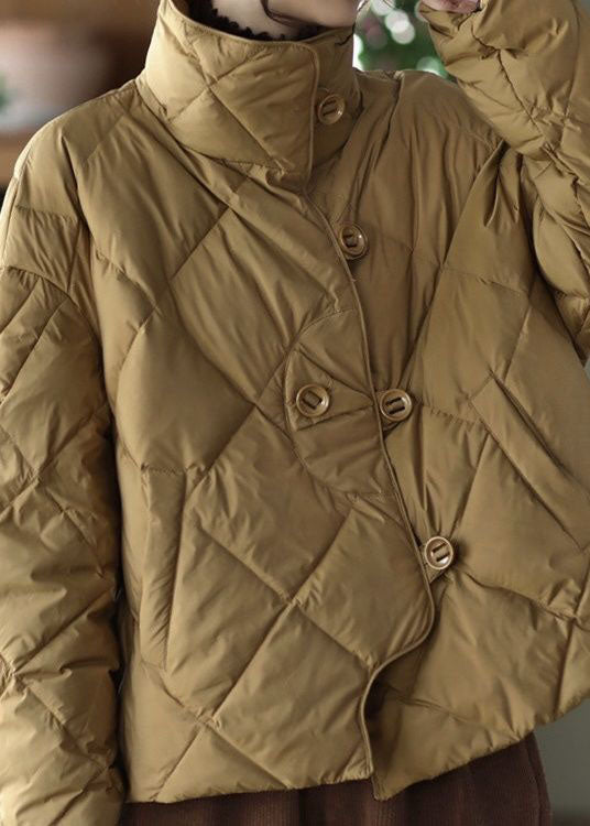 Khaki Stand Collar Oversized Button Duck Down Puffer Jacket Winter