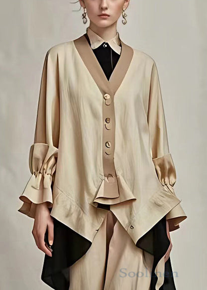 Khaki V Neck Button Cotton Coat Long Sleeve