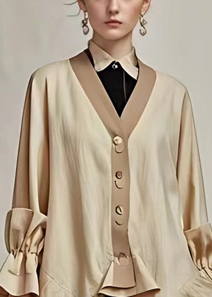 Khaki V Neck Button Cotton Coat Long Sleeve