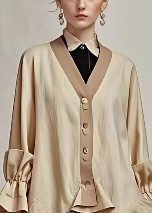 Khaki V Neck Button Cotton Coat Long Sleeve