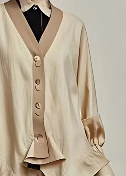 Khaki V Neck Button Cotton Coat Long Sleeve
