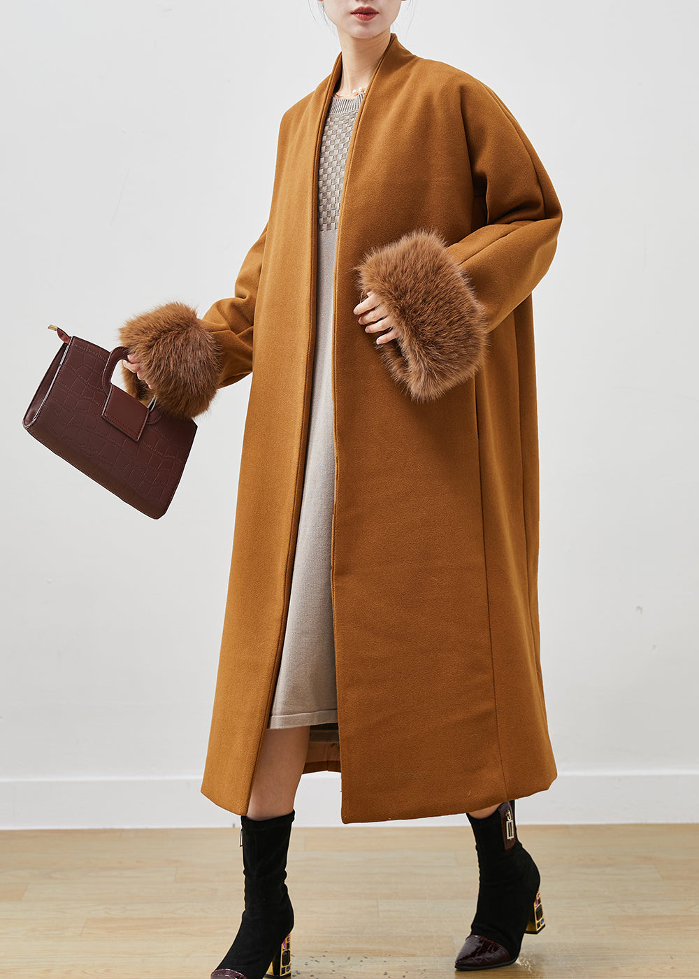 Khaki V Neck Oversized Woolen Trench Spring