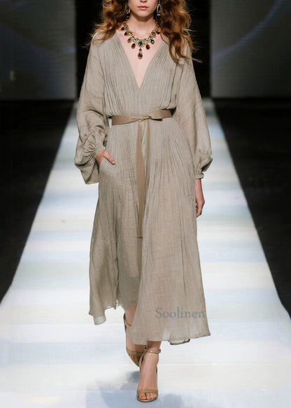 Khaki V Neck Tie Waist Cotton Long Dresses Spring