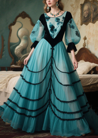Lake Blue Puff Sleeve Patchwork Tulle Party Dresses