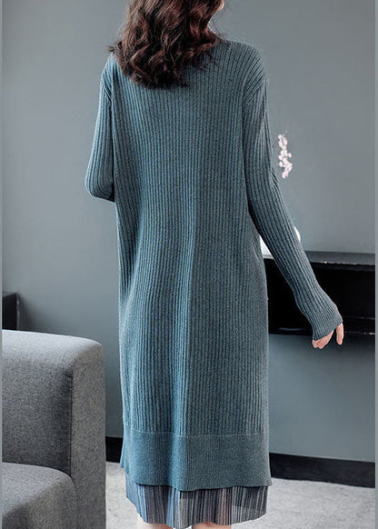 Lake Blue Turtle Neck Patchwork Knit Long Sweater Winter