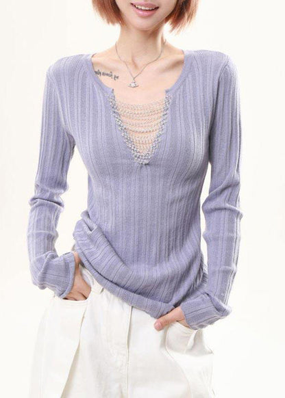 Elegant Lavender Tasseled Patchwork Knit Tops Spring
