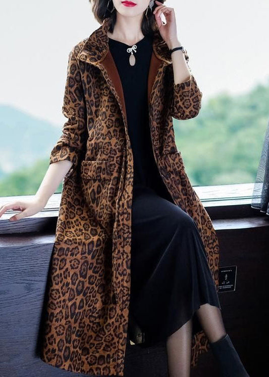 Leopard Pockets Patchwork Warm Fleece Trench Winter