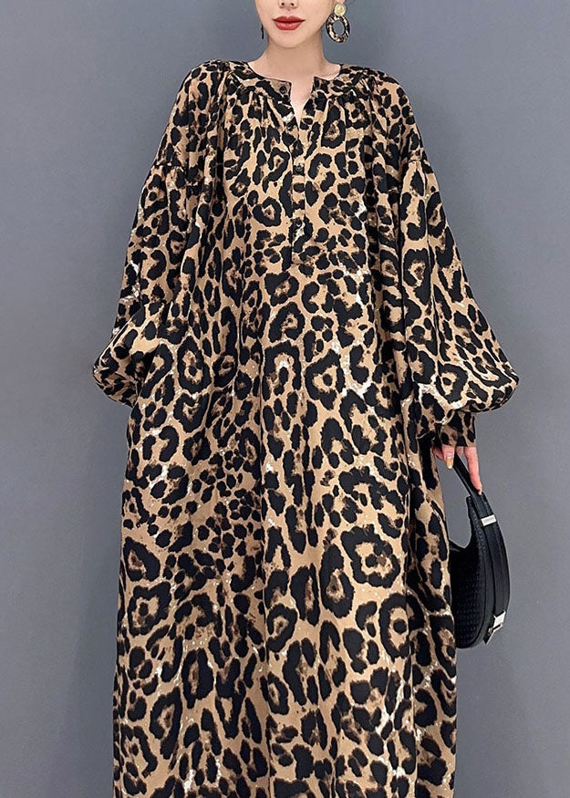 Leopard Print O-neck Long Dress Long Sleeve