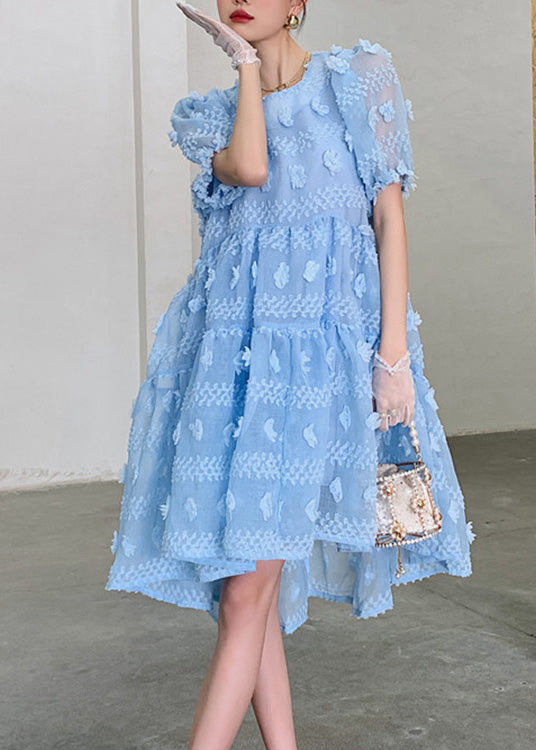 Light Blue O-neck Zippered Long Dresses Puff Sleeve