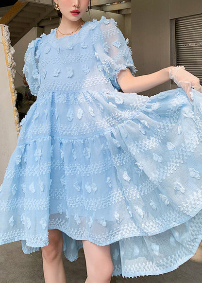 Light Blue O-neck Zippered Long Dresses Puff Sleeve