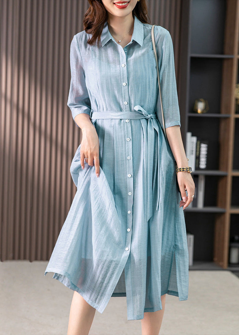 Light Blue Peter Pan Collar Tie Waist Linen Maxi Dresses Summer