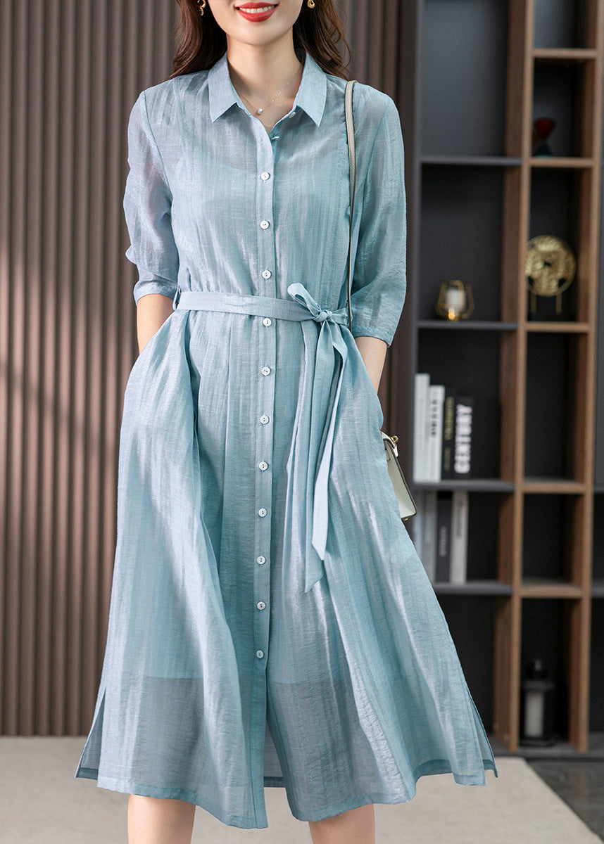 Light Blue Peter Pan Collar Tie Waist Linen Maxi Dresses Summer