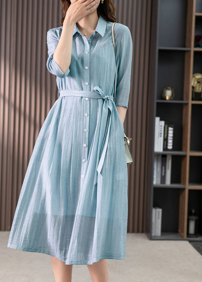 Light Blue Peter Pan Collar Tie Waist Linen Maxi Dresses Summer
