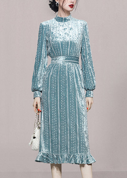 Light Blue Stand Collar Ruffled Patchwork Velour Dress Fall
