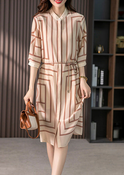 Light Coffee O-neck Striped Side Open Silk Maxi Dress Half Sleeve