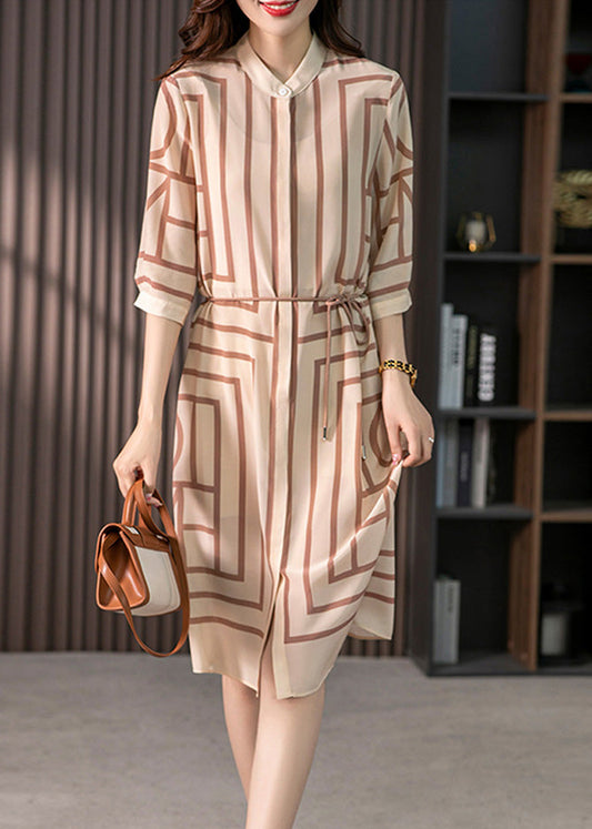 Light Coffee O-neck Striped Side Open Silk Maxi Dress Half Sleeve