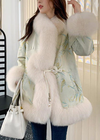 Light Green Fox Collar Embroidered Leather and Fur Coats Winter