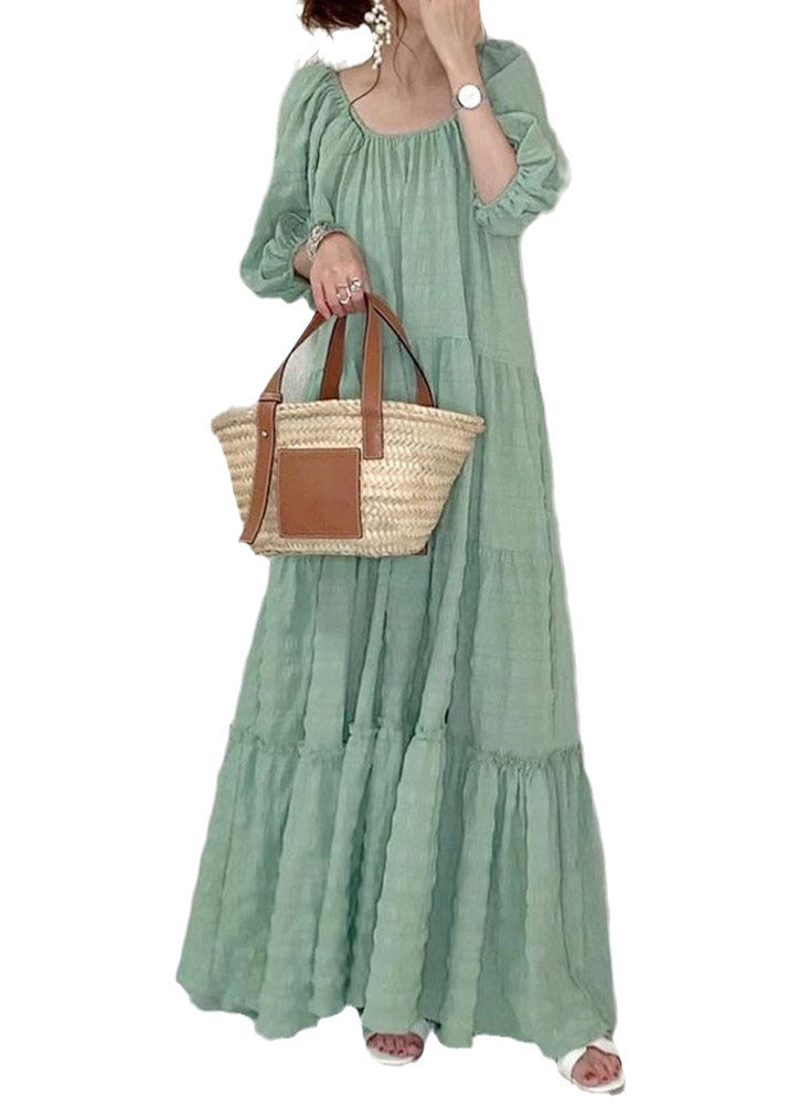 Light Green O-neck Patchwork Wrinkled Maxi Dresses Puff Sleeve