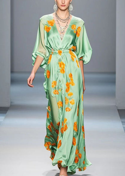 Light Green Ruffled Print Silk Long Dress Spring